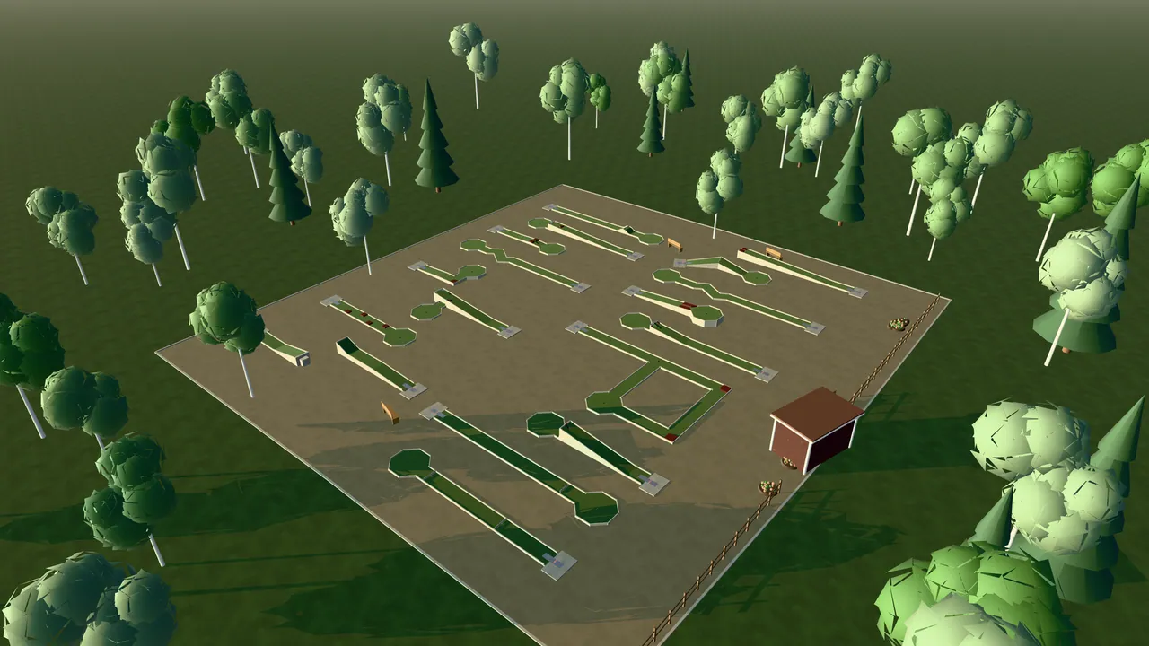 Lerums Bangolfpark i spelets 3D-scen, sedd från ovan i kvällsljus