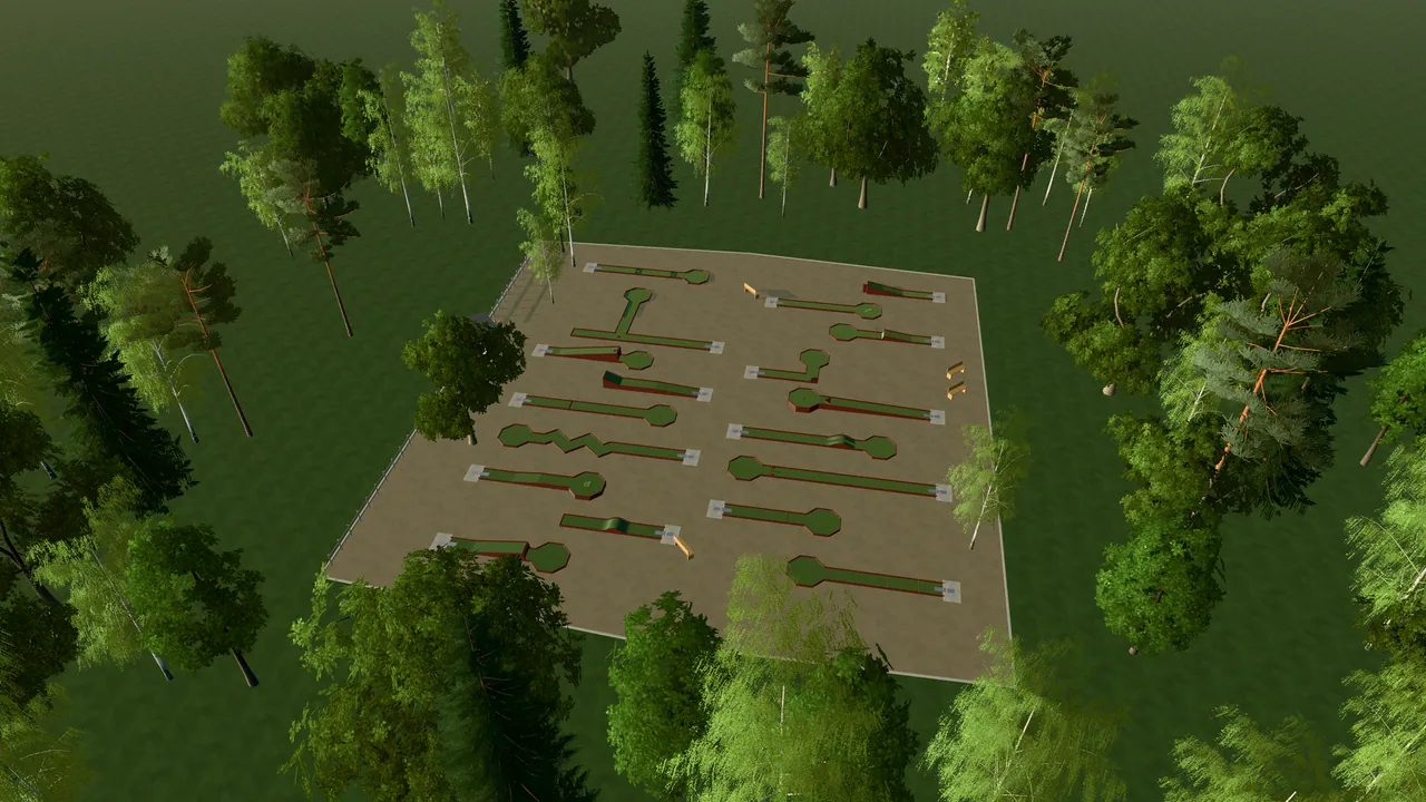 Lessebo Bangolfpark i spelets 3D-scen, sedd från ovan i kvällsljus