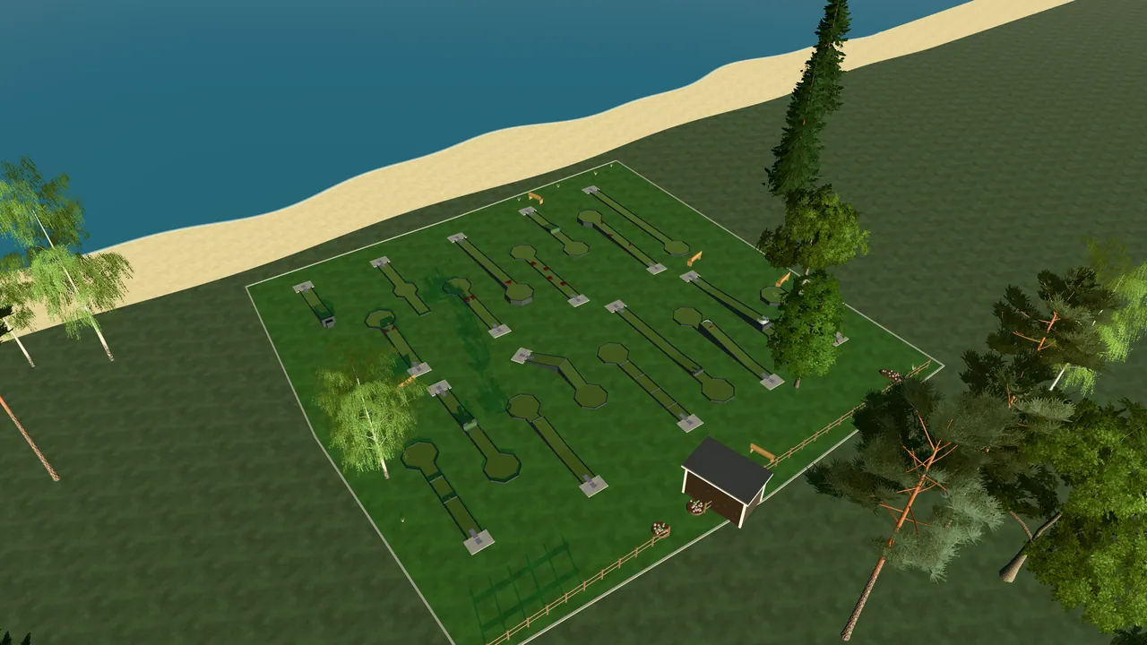 Lindsdals Bangolfpark i spelets 3D-scen, sedd från ovan i kvällsljus