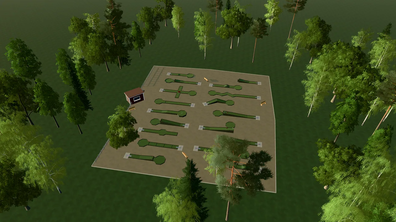 Linghems Bangolfpark i spelets 3D-scen, sedd från ovan i kvällsljus