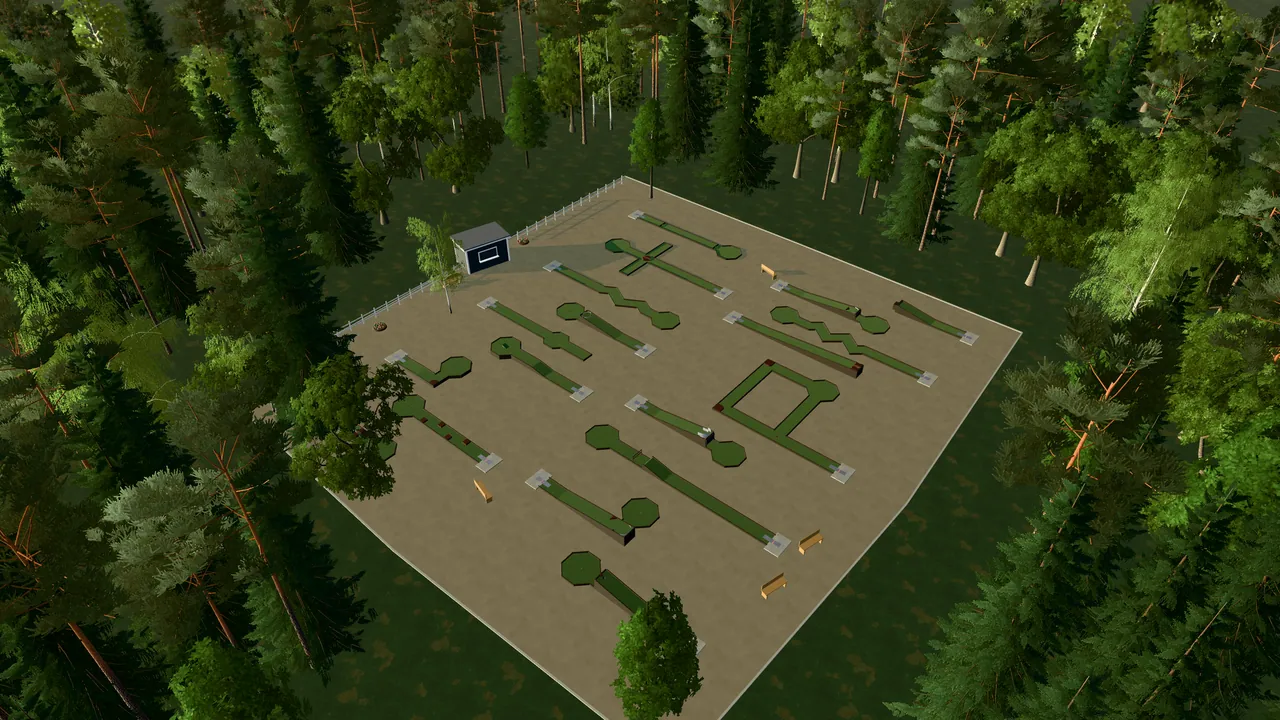 Linköpings Minigolfpark i spelets 3D-scen, sedd från ovan i kvällsljus