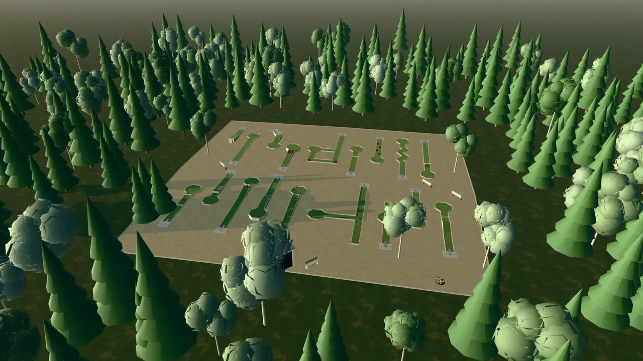 Ludvika Bangolfpark i spelets 3D-scen, sedd från ovan i kvällsljus