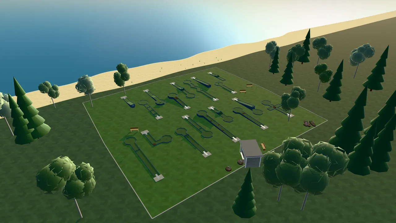 Luleå Bangolfpark i spelets 3D-scen, sedd från ovan i kvällsljus