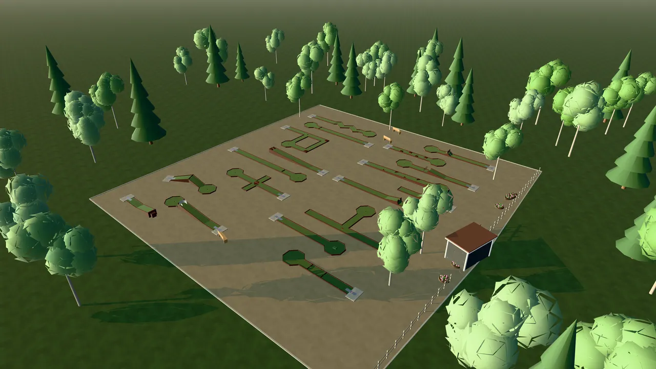 Lunds Minigolfpark i spelets 3D-scen, sedd från ovan i kvällsljus