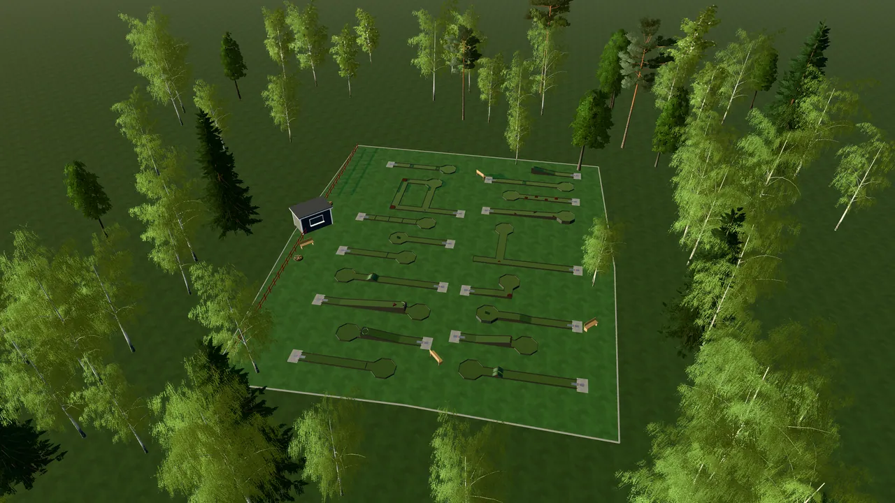 Malå Bangolfpark i spelets 3D-scen, sedd från ovan i kvällsljus