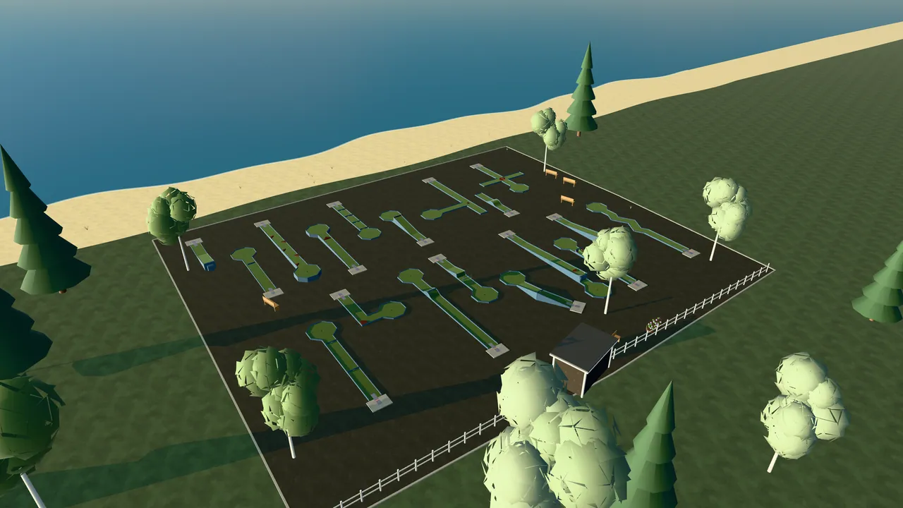 Malmö Minigolfpark i spelets 3D-scen, sedd från ovan i kvällsljus