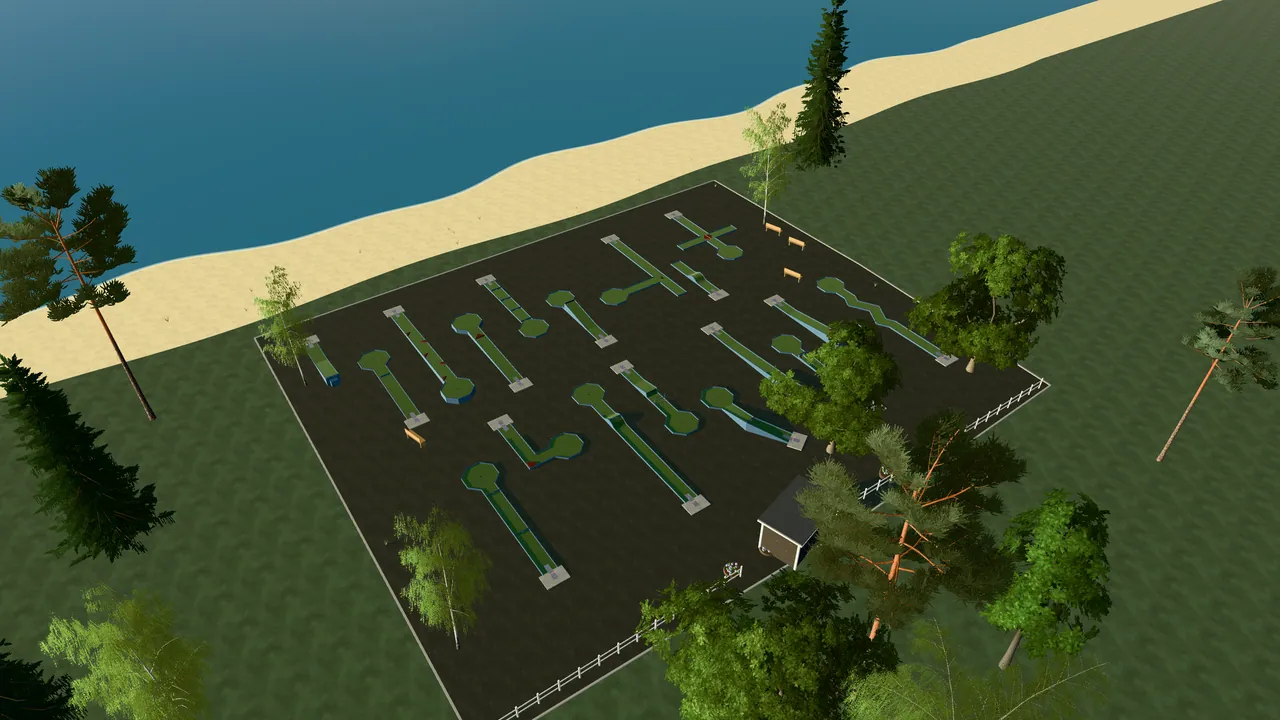 Malmö Minigolfpark i spelets 3D-scen, sedd från ovan i kvällsljus
