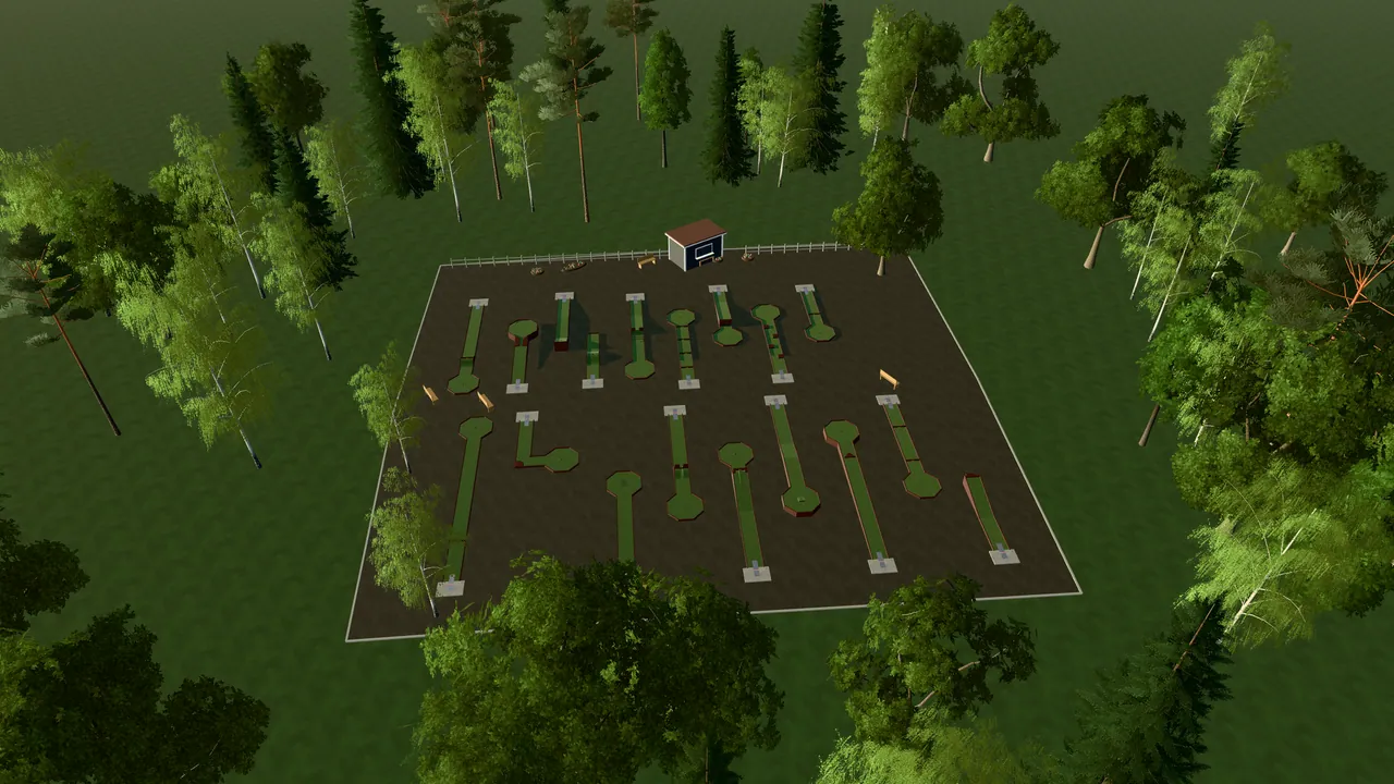 Malungs Bangolfpark i spelets 3D-scen, sedd från ovan i kvällsljus