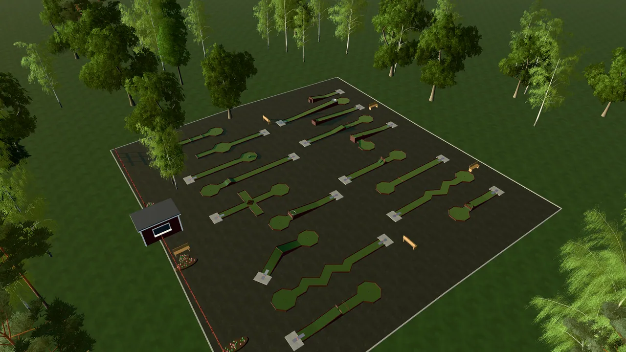 Markaryds Bangolfpark i spelets 3D-scen, sedd från ovan i kvällsljus