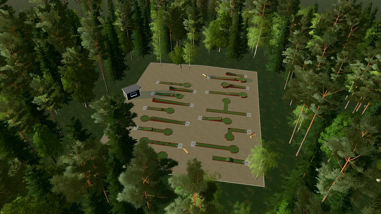 Märsta Bangolfpark i spelets 3D-scen, sedd från ovan i kvällsljus