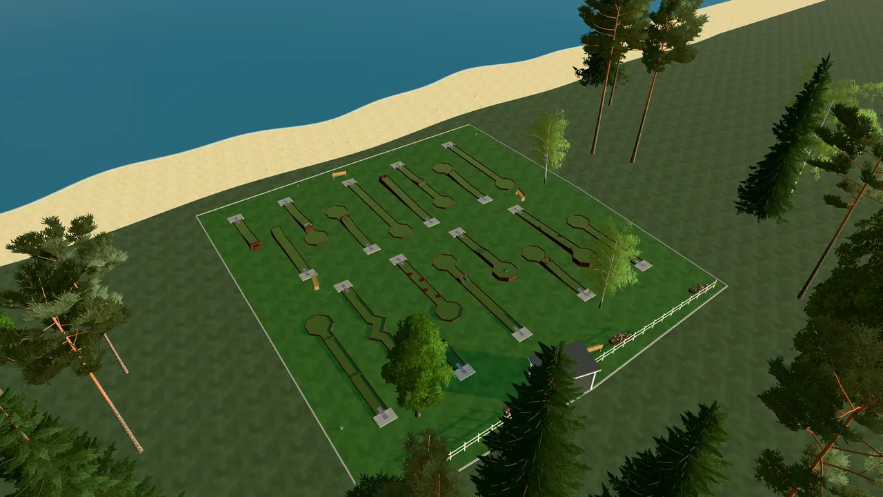 Marstrands Bangolfpark i spelets 3D-scen, sedd från ovan i kvällsljus