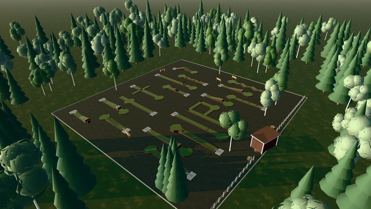 Mjölby Bangolfpark i spelets 3D-scen, sedd från ovan i kvällsljus