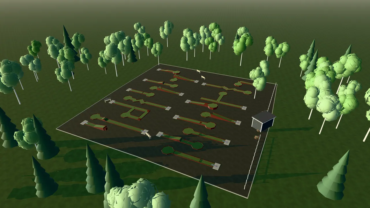 Mölnlycke Bangolfpark i spelets 3D-scen, sedd från ovan i kvällsljus