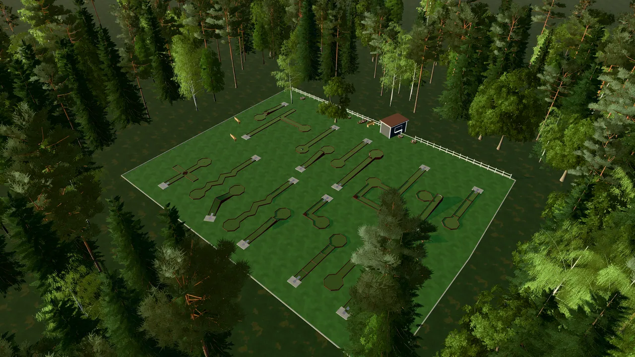 Munkedals Bangolfpark i spelets 3D-scen, sedd från ovan i kvällsljus