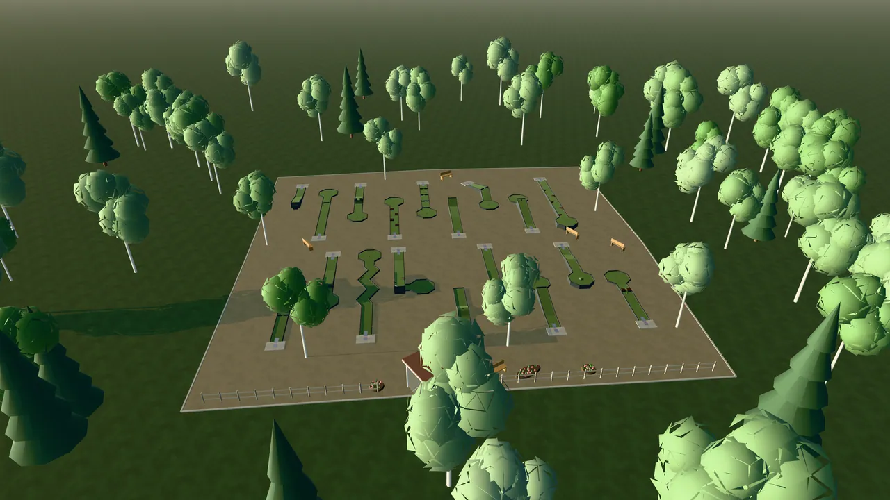 Nässjö Bangolfpark i spelets 3D-scen, sedd från ovan i kvällsljus