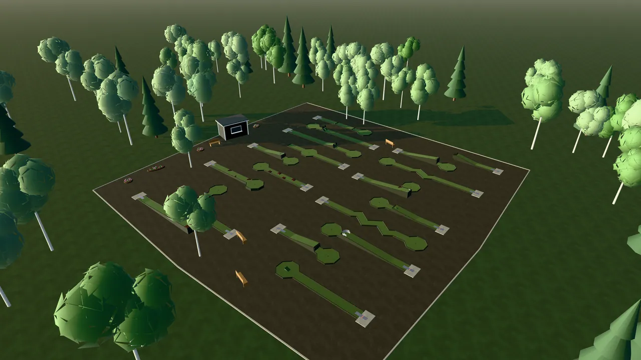 Nordöstra Göteborgs Bangolfpark i spelets 3D-scen, sedd från ovan i kvällsljus