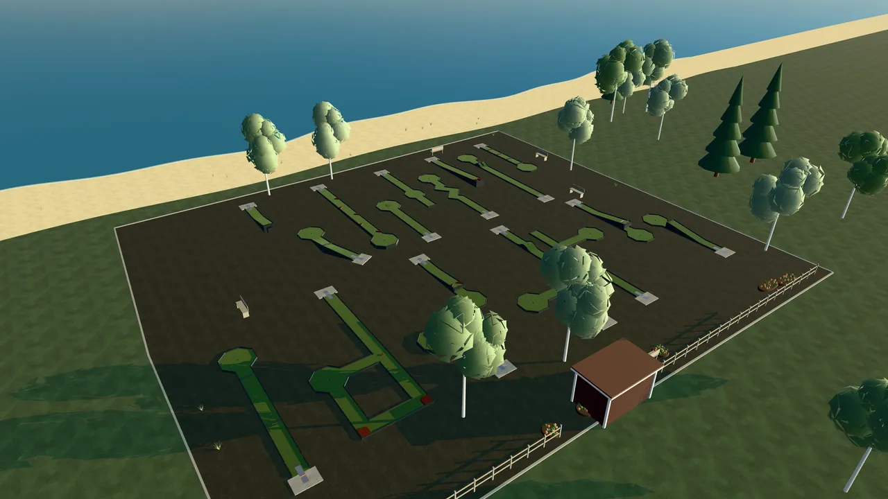 Norrtälje Bangolfpark i spelets 3D-scen, sedd från ovan i kvällsljus