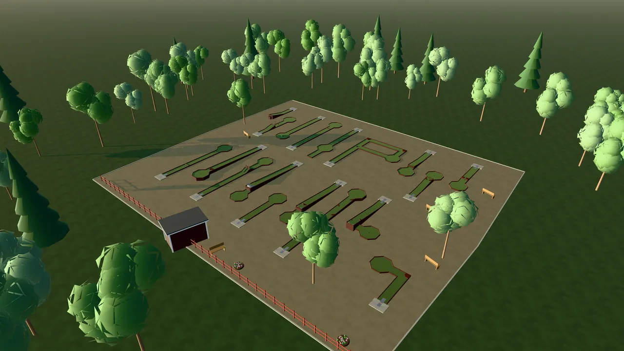 Nybro Bangolfpark i spelets 3D-scen, sedd från ovan i kvällsljus
