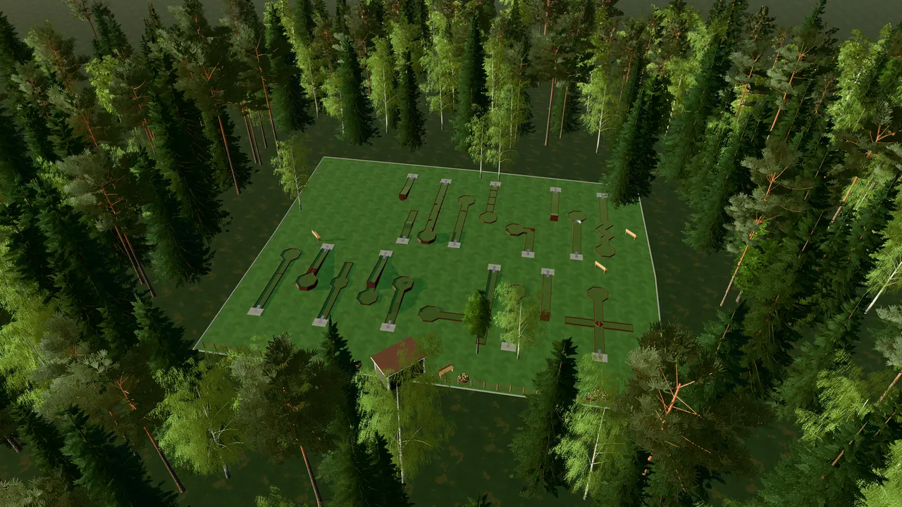 Orsa Bangolfpark i spelets 3D-scen, sedd från ovan i kvällsljus