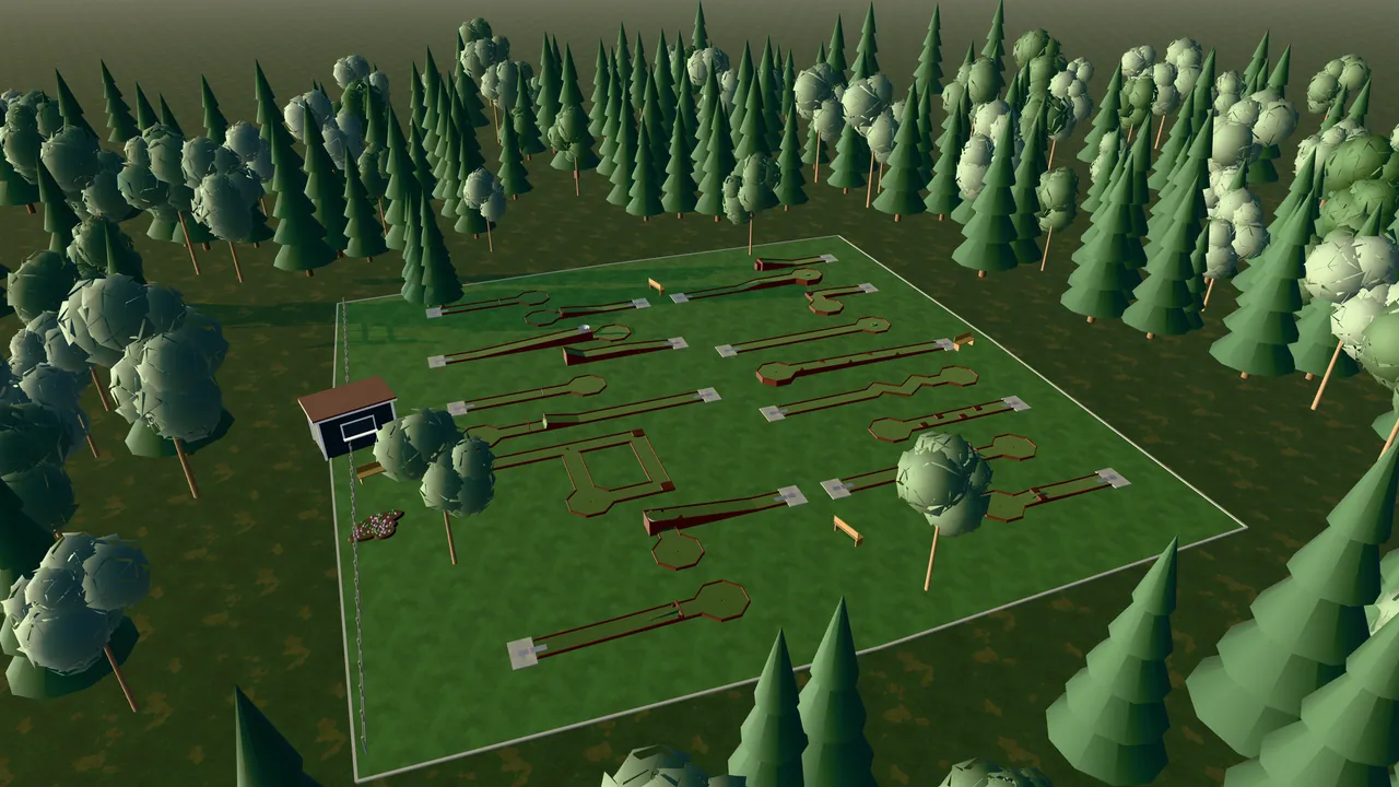 Östersunds Minigolfpark i spelets 3D-scen, sedd från ovan i kvällsljus