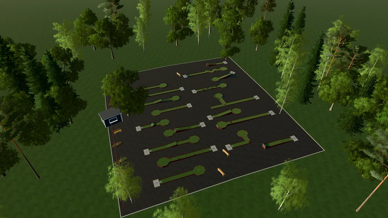 Rimbo Bangolfpark i spelets 3D-scen, sedd från ovan i kvällsljus