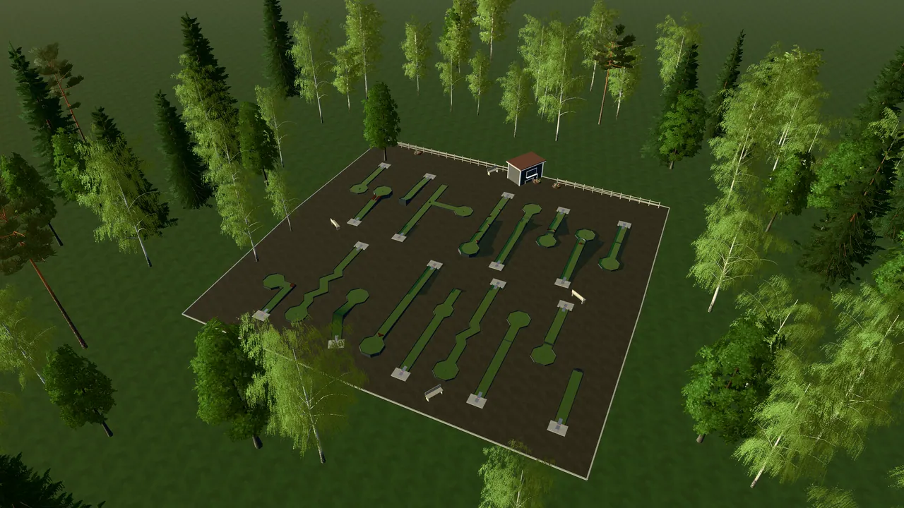 Röbäcks Bangolfpark i spelets 3D-scen, sedd från ovan i kvällsljus