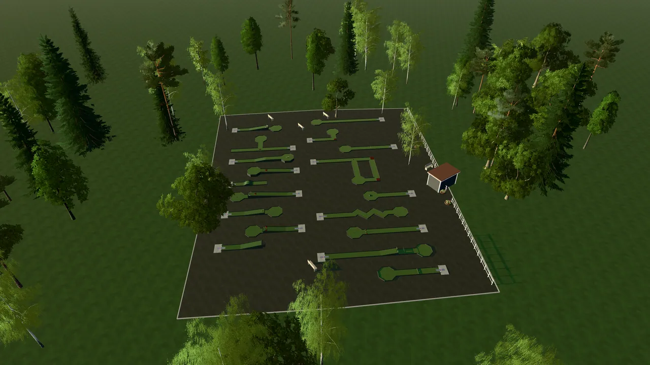 Rottne Bangolfpark i spelets 3D-scen, sedd från ovan i kvällsljus