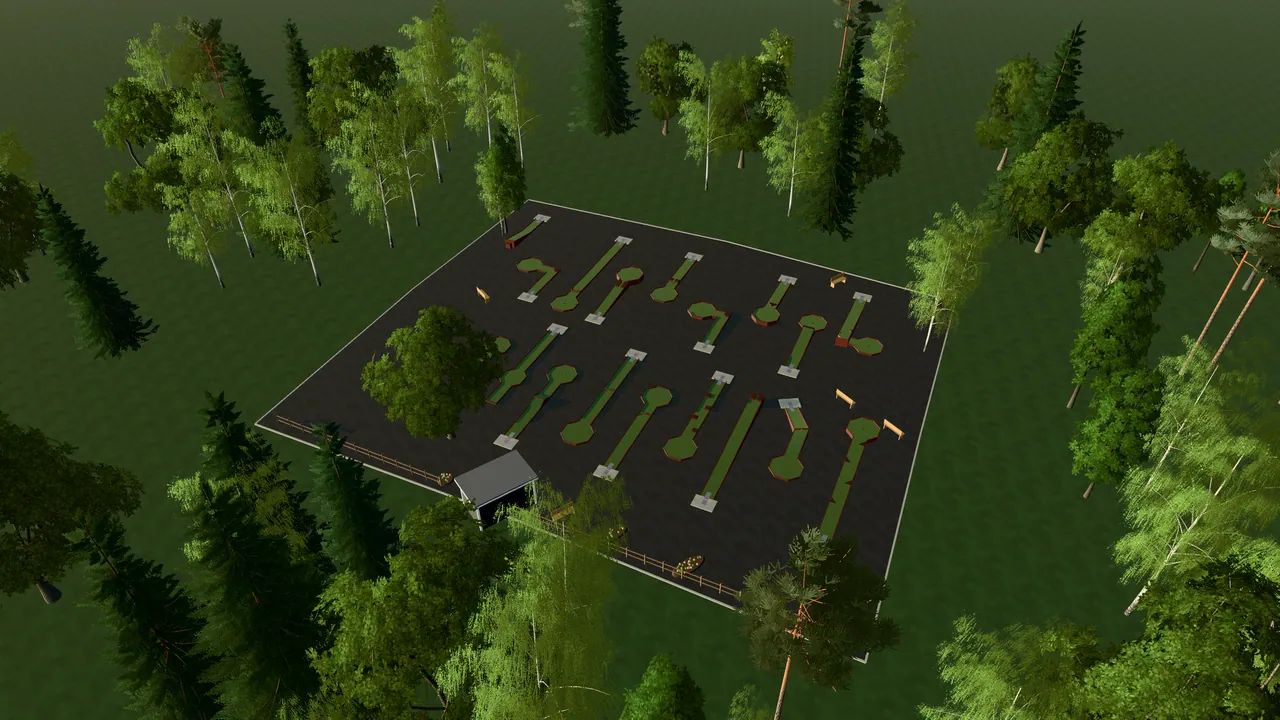 Säffle Bangolfpark i spelets 3D-scen, sedd från ovan i kvällsljus