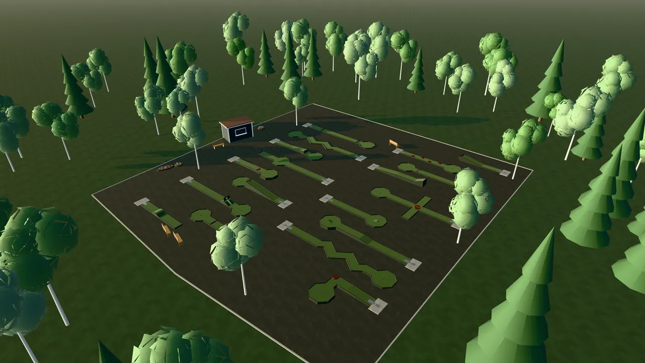 Sandvikens Bangolfpark i spelets 3D-scen, sedd från ovan i kvällsljus
