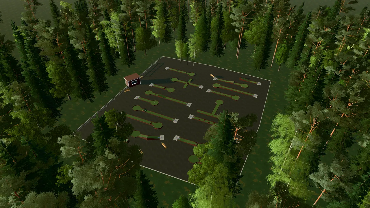 Skanör med Falsterbo Bangolfpark i spelets 3D-scen, sedd från ovan i kvällsljus