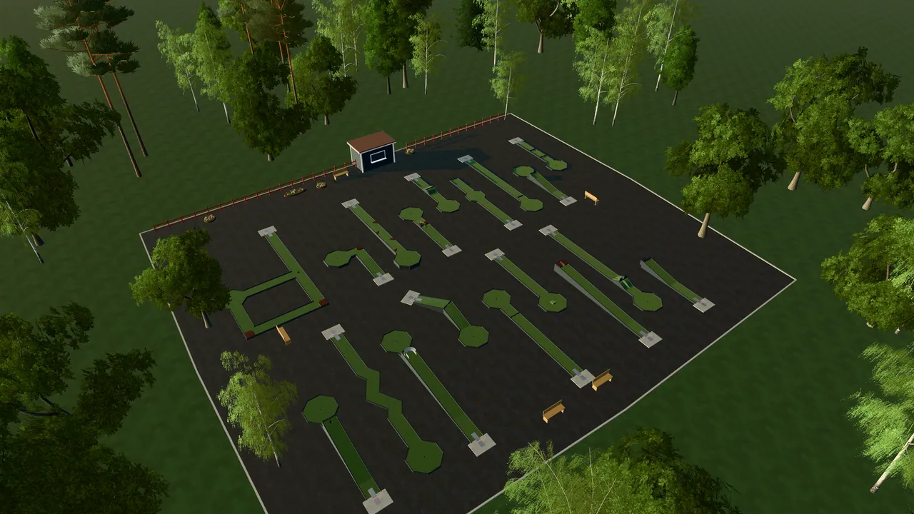 Skärblacka Bangolfpark i spelets 3D-scen, sedd från ovan i kvällsljus