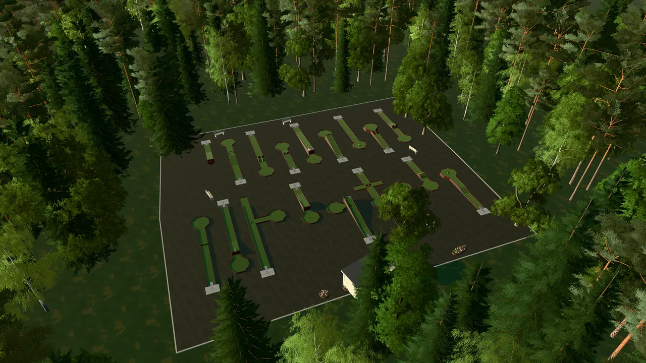 Skåre Bangolfpark i spelets 3D-scen, sedd från ovan i kvällsljus