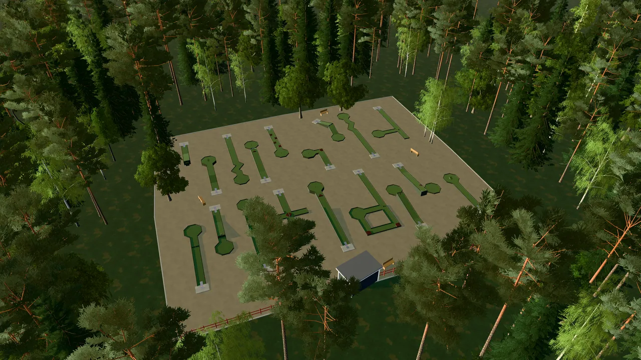 Skiftinge Bangolfpark i spelets 3D-scen, sedd från ovan i kvällsljus