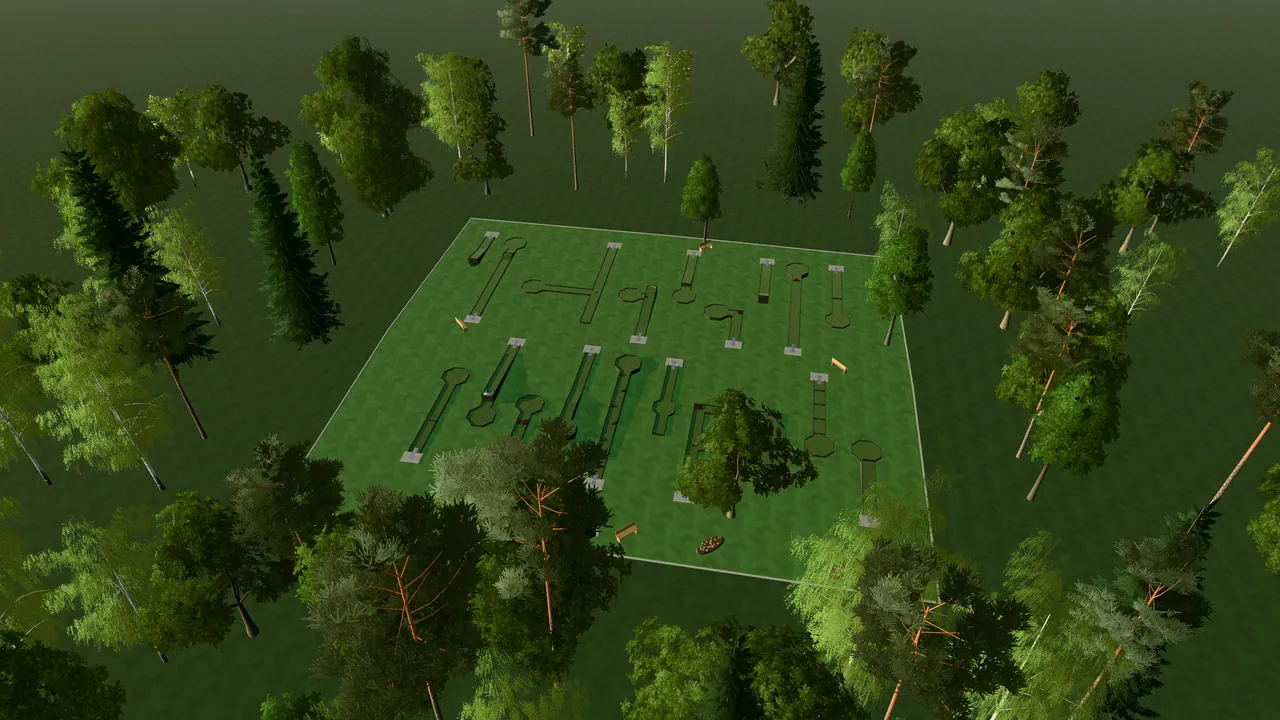 Stenhamra Bangolfpark i spelets 3D-scen, sedd från ovan i kvällsljus
