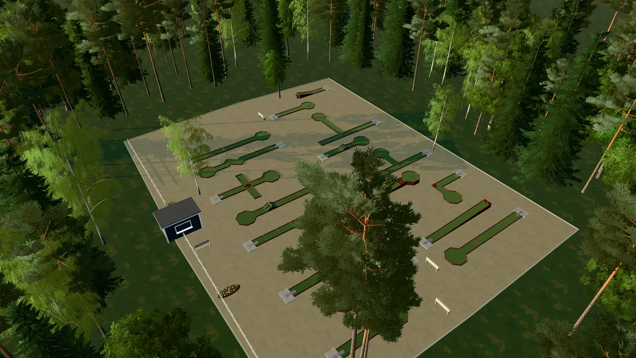 Storviks Bangolfpark i spelets 3D-scen, sedd från ovan i kvällsljus