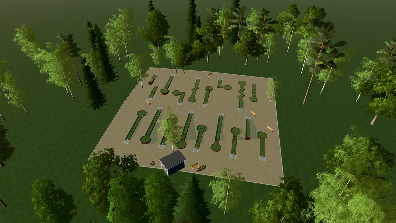 Svalövs Bangolfpark i spelets 3D-scen, sedd från ovan i kvällsljus