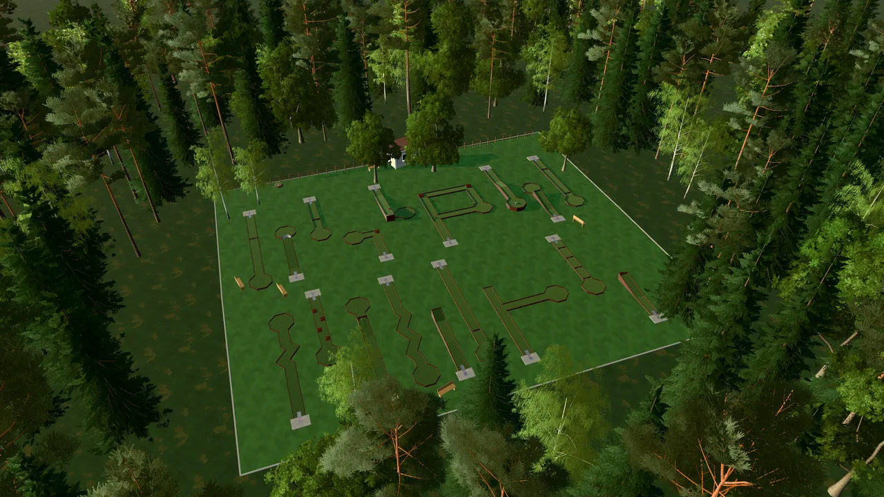 Tibro Bangolfpark i spelets 3D-scen, sedd från ovan i kvällsljus