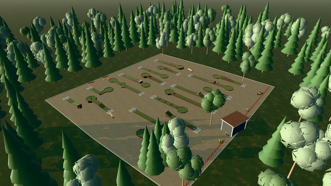 Tranås Bangolfpark i spelets 3D-scen, sedd från ovan i kvällsljus