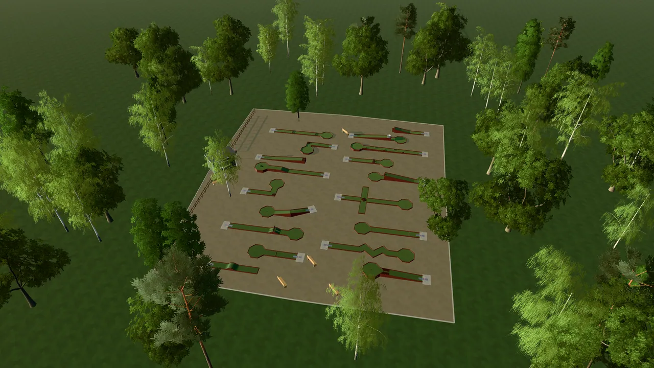 Tranemo Bangolfpark i spelets 3D-scen, sedd från ovan i kvällsljus