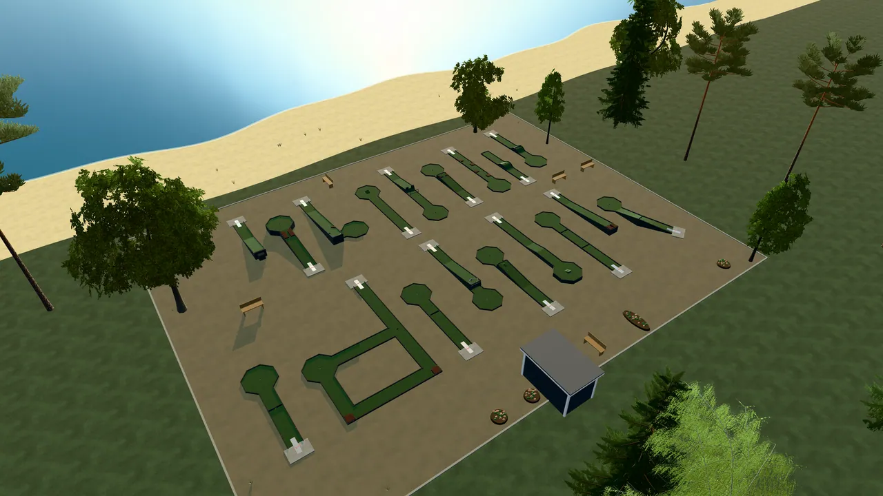 Trosa Bangolfpark i spelets 3D-scen, sedd från ovan i kvällsljus