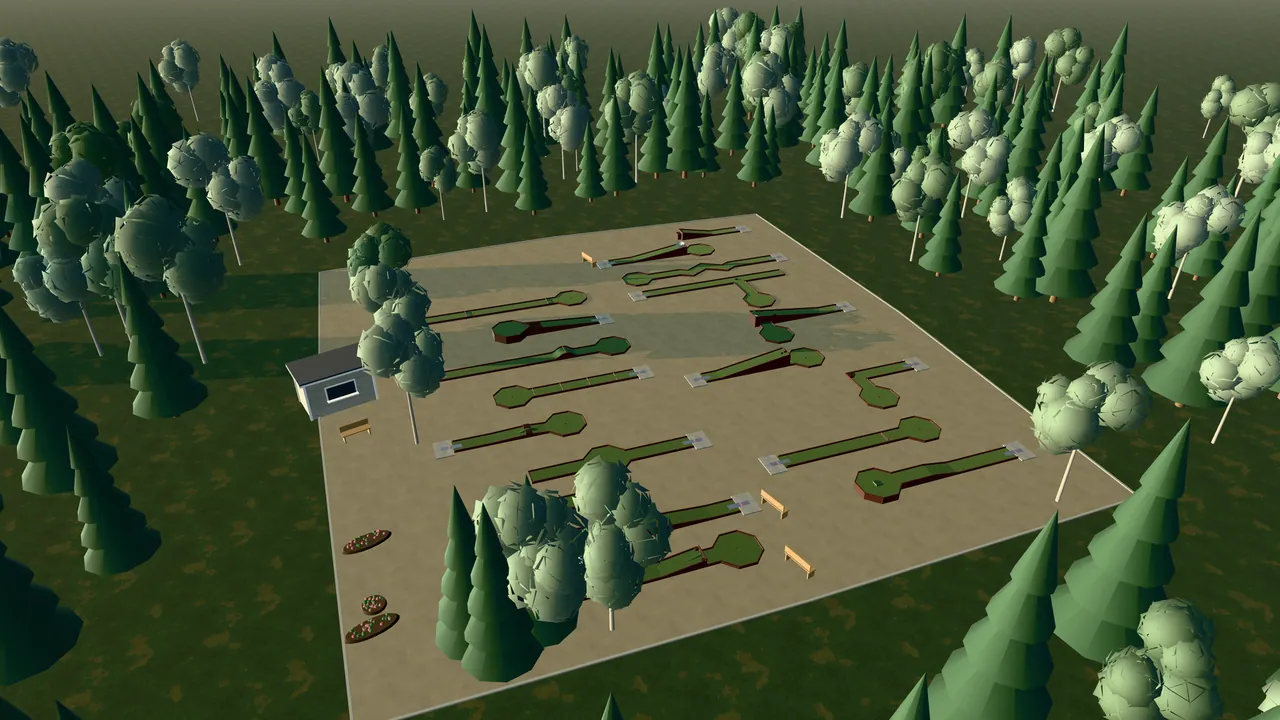 Tumba Bangolfpark i spelets 3D-scen, sedd från ovan i kvällsljus