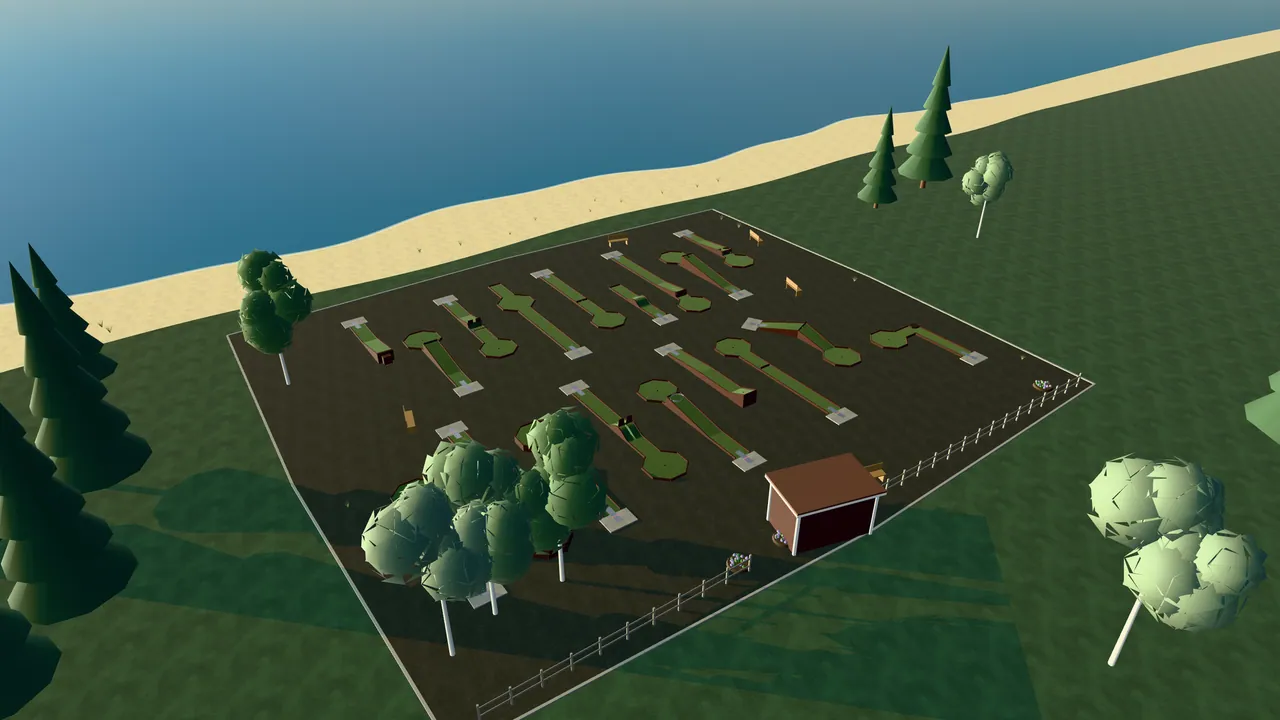 Uddevalla Bangolfpark i spelets 3D-scen, sedd från ovan i kvällsljus