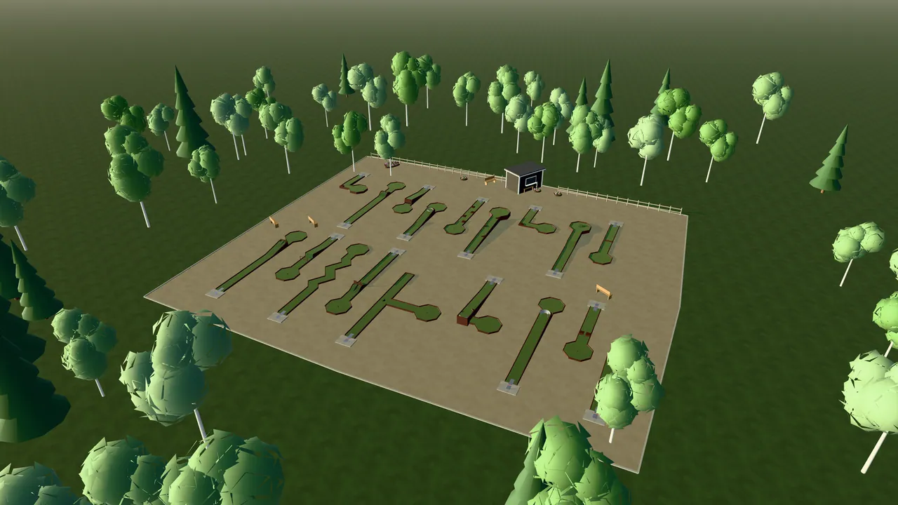 Ulricehamns Bangolfpark i spelets 3D-scen, sedd från ovan i kvällsljus