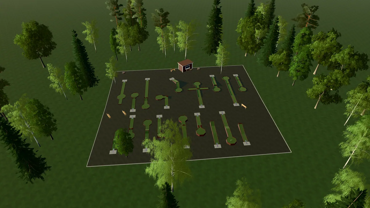 Upplands Väsby Bangolfpark i spelets 3D-scen, sedd från ovan i kvällsljus