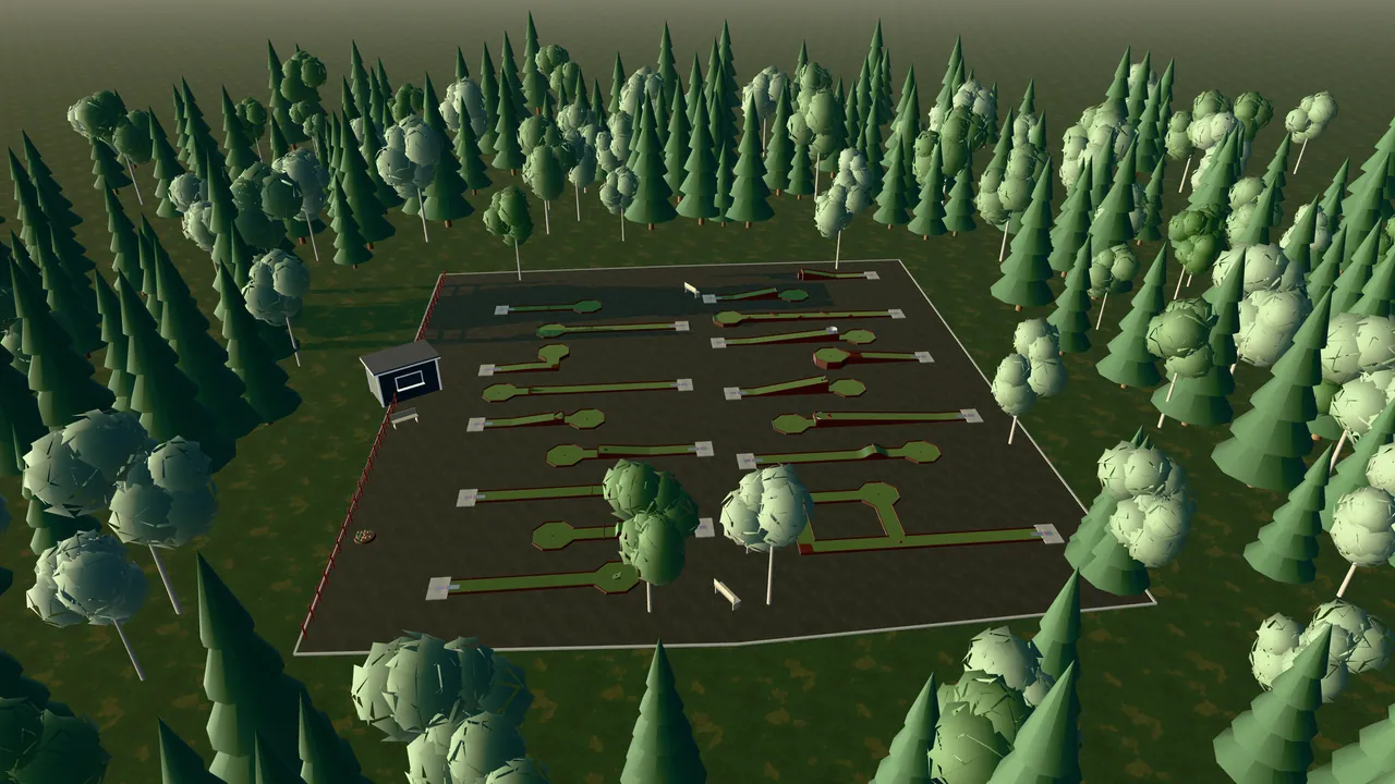 Vallentuna Bangolfpark i spelets 3D-scen, sedd från ovan i kvällsljus