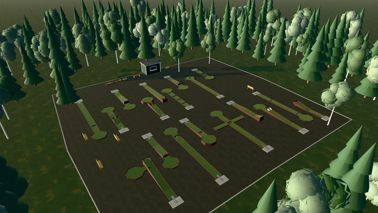 Vänersborgs Bangolfpark i spelets 3D-scen, sedd från ovan i kvällsljus