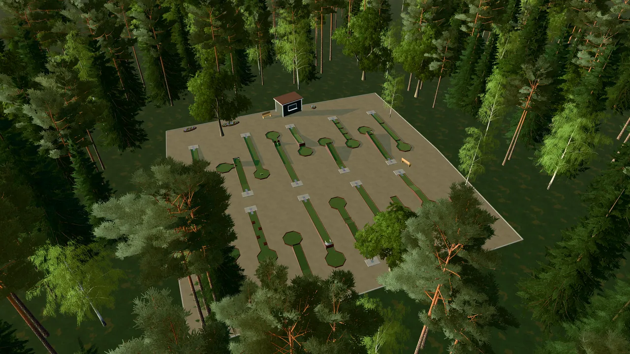 Västerås Minigolfpark i spelets 3D-scen, sedd från ovan i kvällsljus