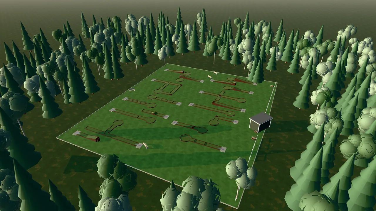 Västerås Bangolfpark i spelets 3D-scen, sedd från ovan i kvällsljus