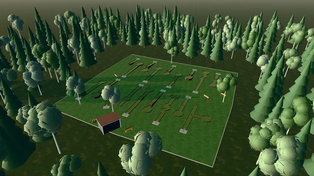Växjö Minigolfpark i spelets 3D-scen, sedd från ovan i kvällsljus