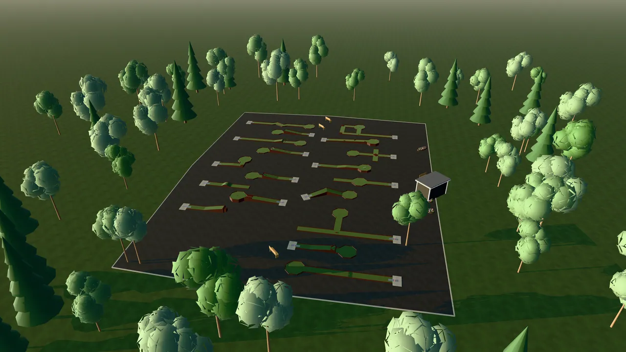Vetlanda Bangolfpark i spelets 3D-scen, sedd från ovan i kvällsljus